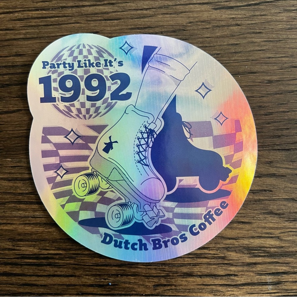 Dutch Bros Holographic Roller Skate Sticker - Blue, Purple, Pink, Yellow